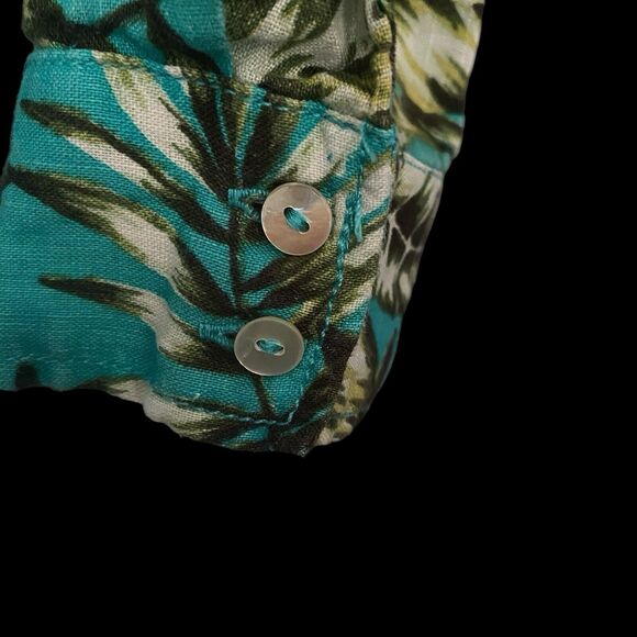 C & C CALIFORNIA Womens M 100% Linen Turquoise Button Up Shirt Tropical Leaves - Picture 5 of 8
